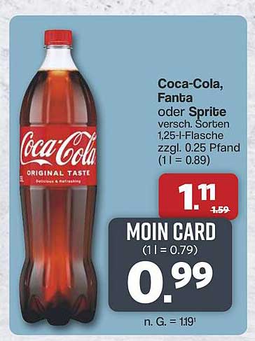 Coca-Cola, Fanta oder Sprite versch. Sorten 1,25l-Flasche zzgl. 0.25 Pfand (1 l = 0.89)