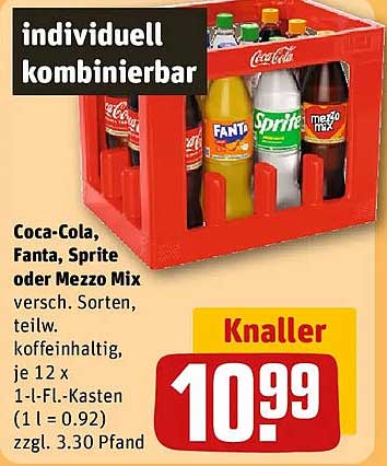 Coca-Cola, Fanta, Sprite oder Mezzo Mix versch. Sorten, teilw. koffeinhaltig, je 12 x 1-L-F. Kasten (1 l = 0.92) zzgl. 3.30 Pfand