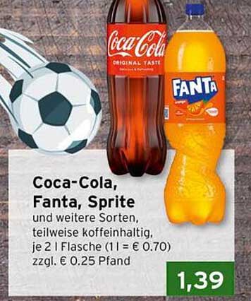 Coca-Cola, Fanta, Sprite und weitere Sorten, teilweise koffeinhaltig, je 2 l Flasche (1 l = € 0.70) zzgl. € 0.25 Pfand