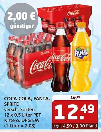 COCA-COLA, FANTA, SPRITE versch. Sorten 12 x 0,5 Liter PET Kiste o. DPG EW (1 Liter = 2,08)