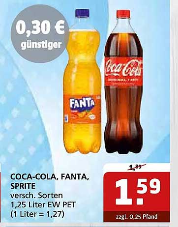 COCA-COLA, FANTA, SPRITE versch. Sorten 1,25 Liter EW PET (1 Liter = 1,27)