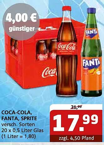 COCA-COLA, FANTA, SPRITE versch. Sorten 20 x 0,5 Liter Glas (1 Liter = 1,80)