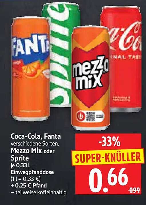 Coca-Cola, Fanta verschiedene Sorten, Mezzo Mix oder Sprite je 0,33 l Einwegpfanddose