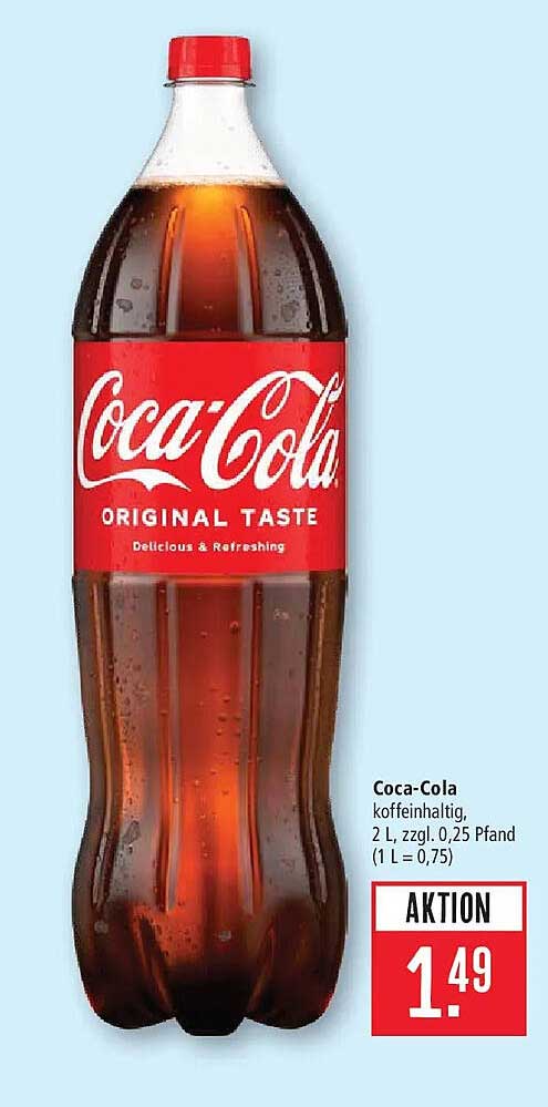 Coca-Cola koffeinhaltig, 2 L, zzgl. 0,25 Pfand (1 L = 0,75)