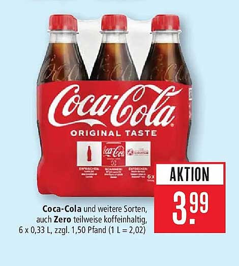Coca-Cola und weitere Sorten, auch Zero teilweise koffeinhaltig, 6 x 0,33 L, zzgl. 1,50 Pfand (1 L = 2,02)