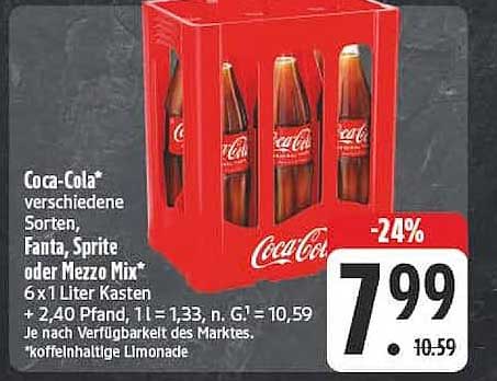 Coca-Cola* verschiedene Sorten, Fanta, Sprite oder Mezzo Mix* 6 x 1 Liter Kasten + 2,40 Pfand, l = 1,33, n. G. = 10,59 koffeinhaltige Limonade