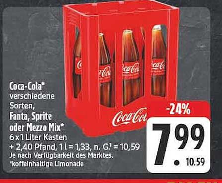 Coca-Cola* verschiedene Sorten, Fanta, Sprite oder Mezzo Mix* 6x1 Liter Kasten + 2,40 Pfand, 1l = 1,33, n. G.¹ = 10,59 Je nach Verfügbarkeit des Marktes: *koffeinhaltige Limonade
