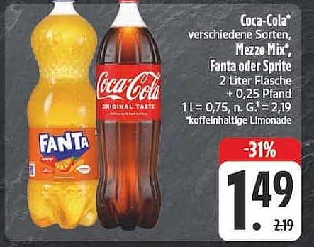 Coca-Cola* verschiedene Sorten, Mezzo Mix*, Fanta oder Sprite 2 Liter Flasche + 0,25 Pfand