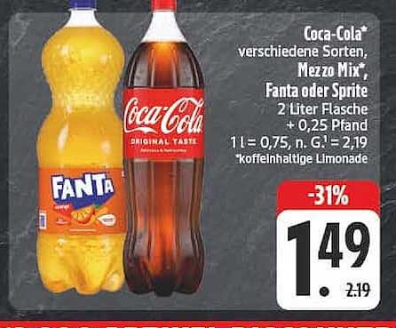Coca-Cola verschiedene Sorten, Mezzo Mix, Fanta oder Sprite 2 Liter Flasche + 0,25 Pfand