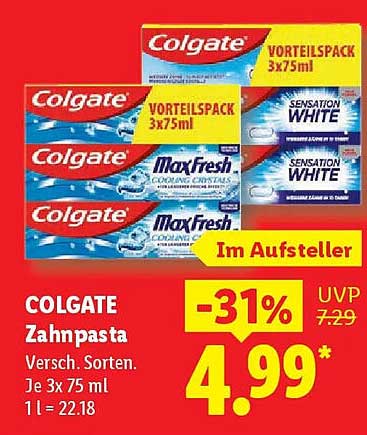 COLGATE Zahnpasta Versch. Sorten. Je 3x 75 ml 1 l = 22.18