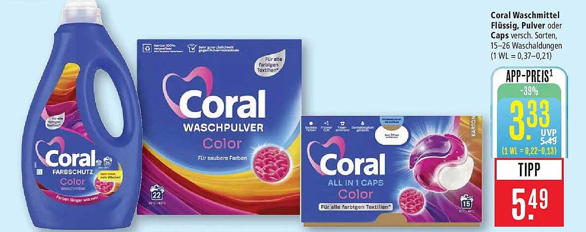 Coral Waschmittel Flüssig, Pulver oder Caps versch. Sorten, 15–26 Waschladungen