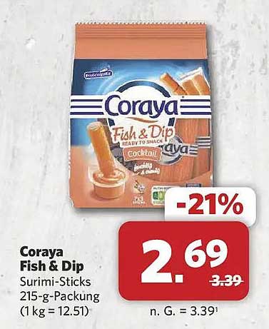 Coraya Fish & Dip Surimi-Sticks 215-g-Packung (1 kg = 12.51)