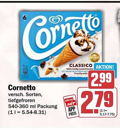 Cornetto versch. Sorten, tiefgefroren 540-360 ml Packung (1 l = 5.54-8.31)
