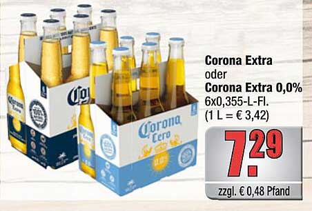 Corona Extra oder Corona Extra 0,0% 6x0,355-L-Fl. (1 L = € 3,42)