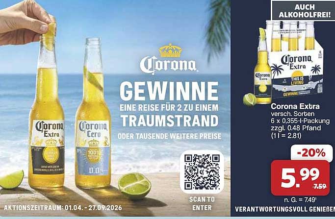 Corona Extra versch. Sorten 6 x 0,355-l-Packung zzgl. 0,48 Pfand (1 l = 2.81)