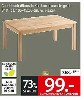 Couchtisch Alfons in Kernbuche massiv, geölt.