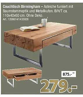 Couchtisch Birmingham – Asteiche furniert mit Baumstammoptik und Metallkufen. B/H/T ca. 110x40x60 cm. Ohne Deko.