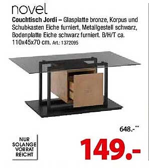 Couchtisch Jordi – Glasplatte bronze, Korpus und Schubkasten Eiche furniert, Metalldraht schwarz, Bodenplatte Eiche schwarz furniert, B/H/T ca. 110x45x70 cm. Art.: 1372095