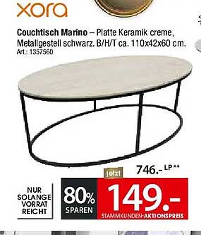 Couchtisch Marino – Platte Keramik creme, Metallgestell schwarz, B/H/T ca. 110x42x60 cm