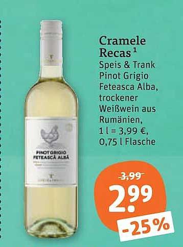 Cramele Recas¹ Speis & Trink Pinot Grigio Feteasca Alba, trockener Weißwein aus Rumänien, 1 l = 3,99 €, 0,75 l Flasche