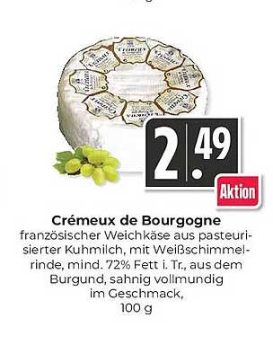 Crèmeux de Bourgogne französischer Weichkäse aus pasteurisierter Kuhmilch, mit Weißschimmelrinde, mind. 72% Fett i. Tr., aus dem Burgund, sahnig vollmundig im Geschmack, 100 g
