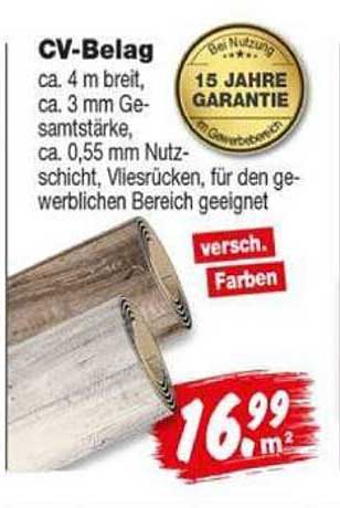CV-Belag ca. 4 m breit, ca. 3 mm Gesamtstärke, ca. 0,55 mm Nutzschicht, Vliesrücken, für den gewerblichen Bereich geeignet