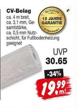 CV-Belag ca. 4 m breit, ca. 3,1 mm, Gesamtstärke, ca. 0,5 mm Nutzschicht, für Fußbodenheizung geeignet