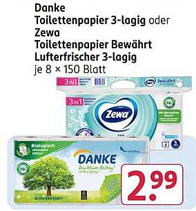 Danke Toilettenpapier 3-lagig oder Zewa Toilettenpapier Bewährt Lufterfrischer 3-lagig je 8 x 150 Blatt