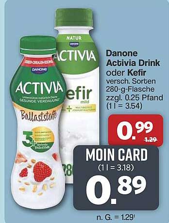 Danone Activia Drink oder Kefir, versch. Sorten 280-g-Flasche zzgl. 0.25 Pfand (1 l = 3.54)