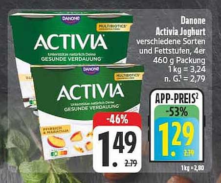 Danone Activia Joghurt verschiedene Sorten und Fettstufen, 4er 460 g Packung