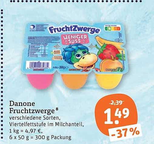 Danone Fruchtzwerge versch. Sorten, Viertelstufe im Milchanteil, 1 kg = 4,97 €, 6 x 50 g = 300 g Packung