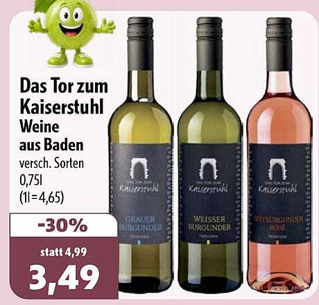 Das Tor zum Kaiserstuhl Weine aus Baden versch. Sorten 0,75l (1l=4,65)