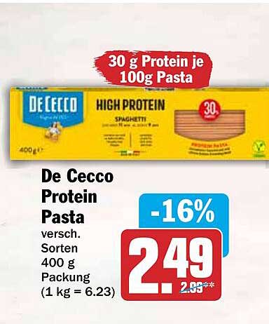De Cecco Protein Pasta versch. Sorten 400 g Packung (1 kg = 6.23)