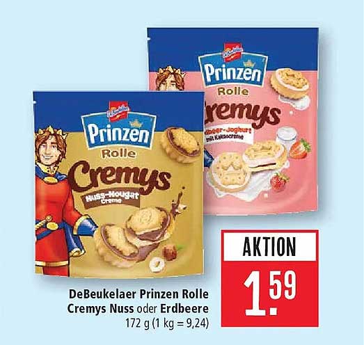 DeBeukelaer Prinzen Rolle Cremys Nuss oder Erdbeere 172 g (1 kg = 9,24)