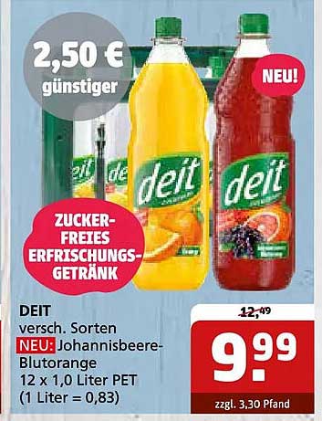 DEIT versch. Sorten NEU: Johannisbeere-Blutorange 12 x 1,0 Liter PET (1 Liter = 0,83)