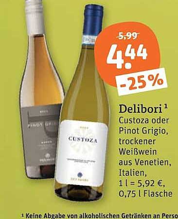 Delibori Custoza oder Pinot Grigio, trockener Weißwein aus Venetien, Italien, 1 l = 5,92 €, 0,75 l Flasche
