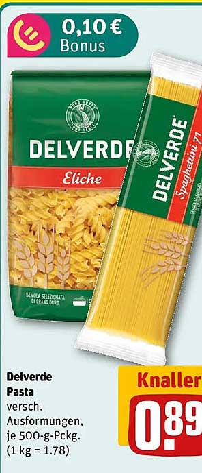 Delverde Pasta versch. Ausformungen, je 500-g-Pack. (1 kg = 1.78)