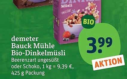 demeter Bauck Mühle Bio-Dinkelmüsli Beerenzart ungesüßt oder Schoko, 1 kg = 9,39 €, 425 g Packung