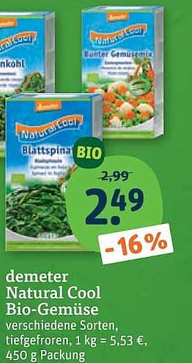 demeter Natural Cool Bio-Gemüse verschiedene Sorten, tiefgefroren, 1 kg = 5,53 €, 450 g Packung