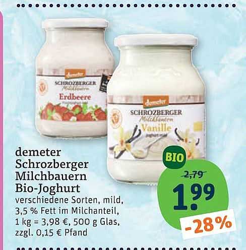demeter Schrozberger Milchbauern Bio-Joghurt verschiedene Sorten, mild, 3,5 % Fett im Milchanteil, 1 kg = 3,98 €, 500 g Glas, zzgl. 0,15 € Pfand