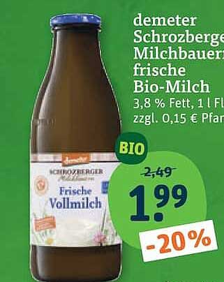 demeter Schrozberger Milchbauern frische Bio-Milch 3,8 % Fett, 1 l Fl.
