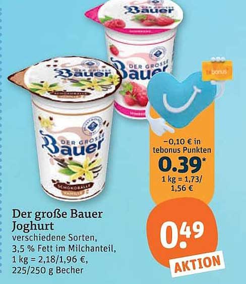 Der große Bauer Joghurt verschiedene Sorten, 3,5 % Fett im Milchanteil, 1 kg = 2,18/1,96 €, 225/250 g Becher