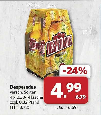 Desperados versch. Sorten 4 x 0,33-l-Flasche zzgl. 0.32 Pfand (1 l = 3.78)