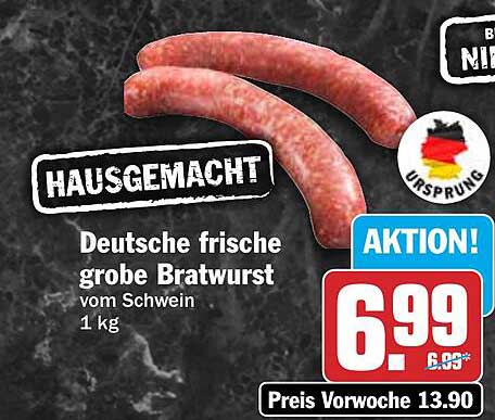 Deutsche frische grobe Bratwurst vom Schwein 1 kg