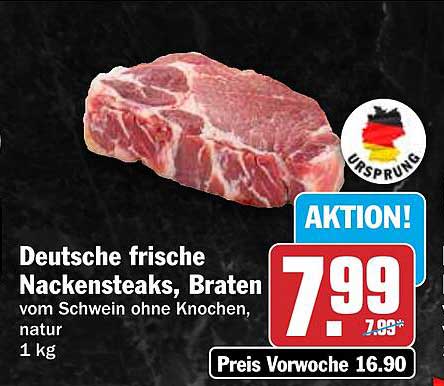 Deutsche frische Nackensteaks, Braten vom Schwein ohne Knochen, natur 1 kg