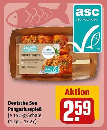 Deutsche See Pangasiusspieß je 150-g-Schale (1 kg = 17.27)