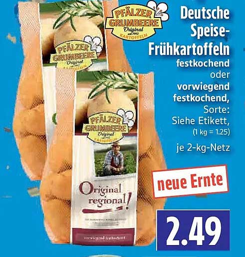 Deutsche Speise-Frühkartoffeln festkochend oder vorwiegend festkochend, Sorte: Siehe Etikett, (1 kg = 1.25) je 2-kg-Netz