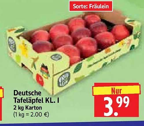 Deutsche Tafeläpfel Kl. I 2 kg Karton (1 kg = 2.00 €) Sorte: Fräulein