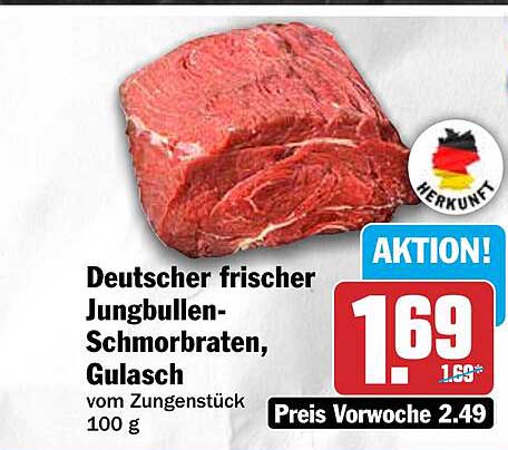Deutscher frischer Jungbullen-Schmorbraten, Gulasch vom Zungenstück 100 g