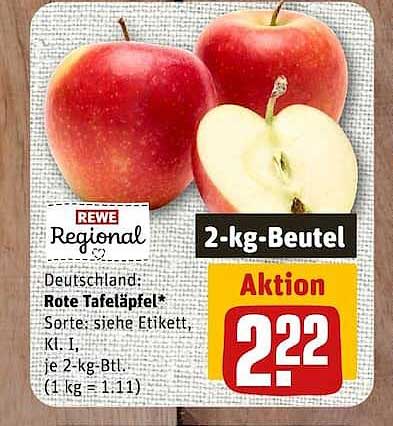 Deutschland: Rote Tafeläpfel* Sorte: siehe Etikett, Kl. I, je 2-kg-Btl. (1 kg = 1.11)